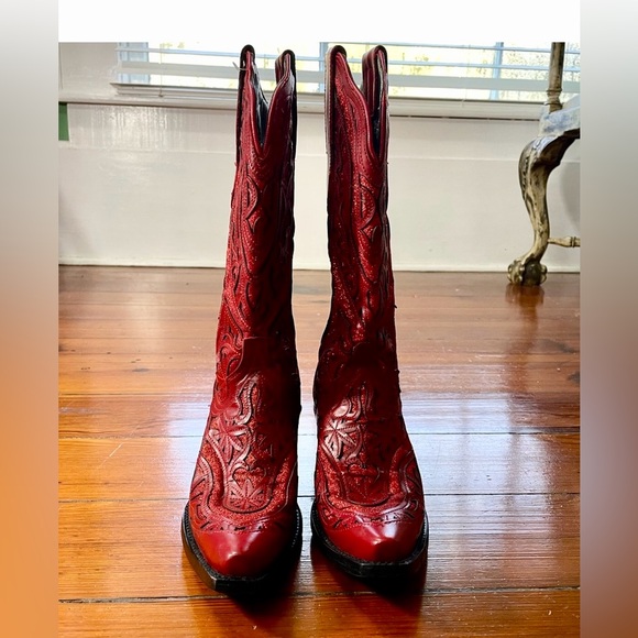 NEW JB DILLON RESERVE Darling Red Glitter Inlay Leather Snip Toe Boot GIFTABLE-8 - Picture 2 of 15